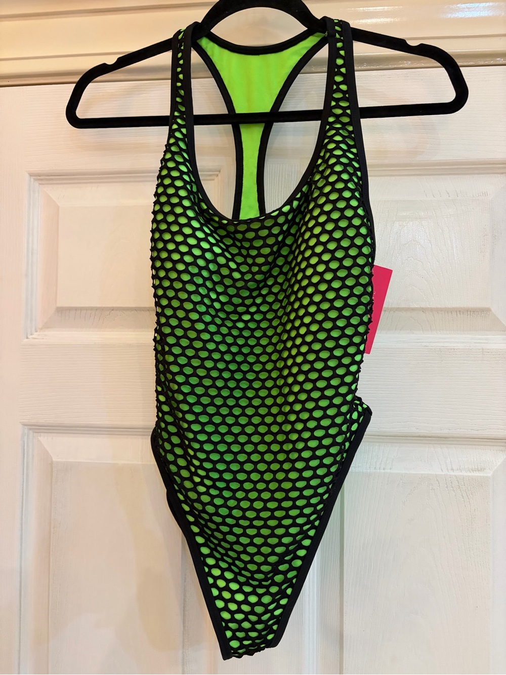 Xhilaration Black & Neon Green One-Piece Swimsuit with Black Fishnet